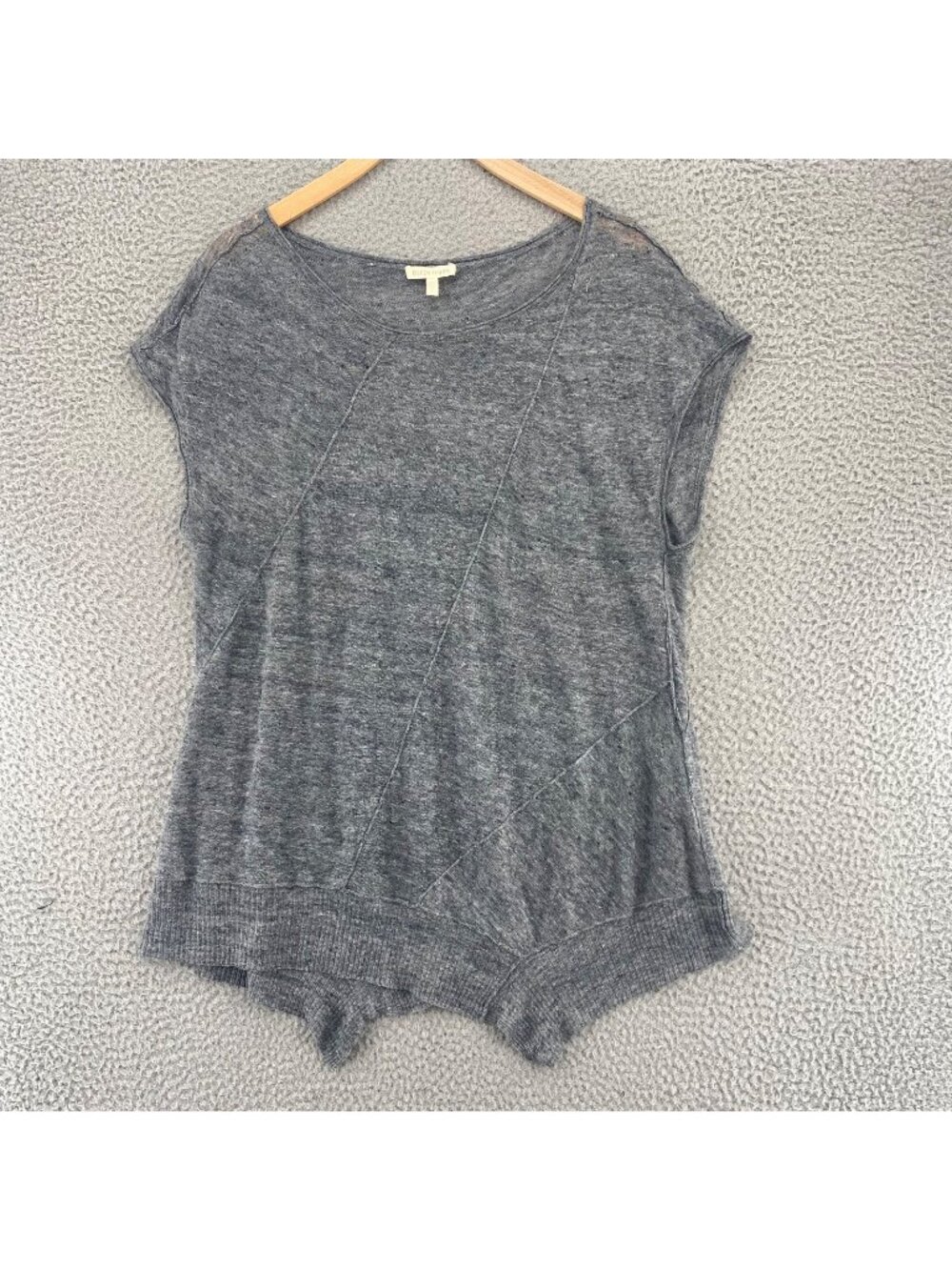 Eileen Fisher Top Womens Small Gray Linen Knit Short Sleeves Stretch Asymmetric*